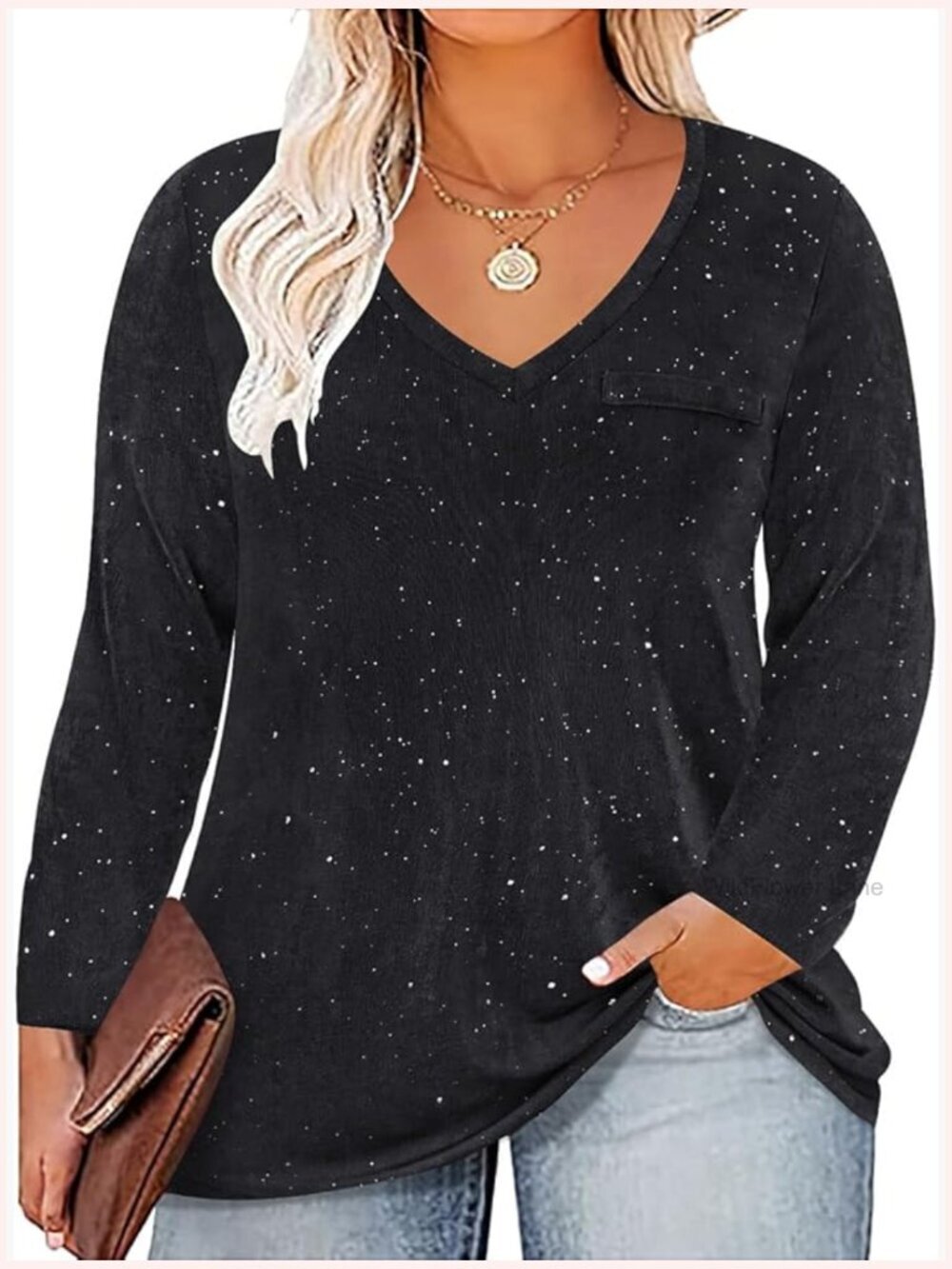 Plus Size Long Sleeve Sequin Tunic Pullover Top Women Casual